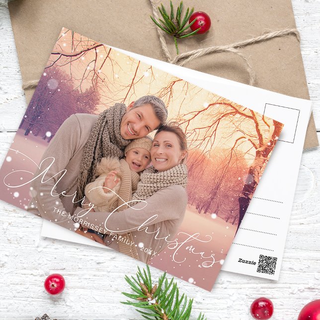 Cartes Pour Fêtes Annuelles Élégante calligraphie Joyeux flocons de neige de N (Elegant Calligraphy Merry Christmas Snowflakes Holiday Postcard)