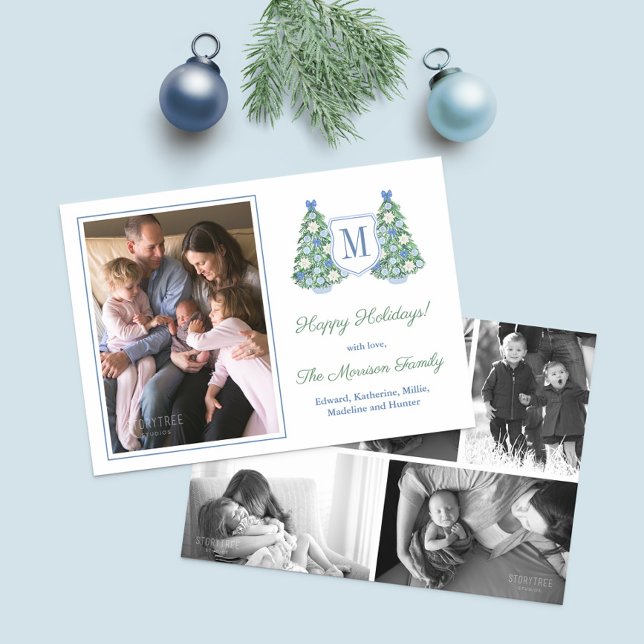 Cartes Pour Fêtes Annuelles Elégante Chinoiserie Bleue Joyeux Noël 6 Photo (Blue White Green Chinoiserie Chic Multiple Photos Christmas Card Design)