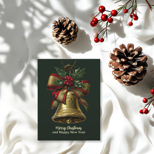 Cartes Pour Fêtes Annuelles Élégante cloche de Noël Or avec Festive Bow Holly