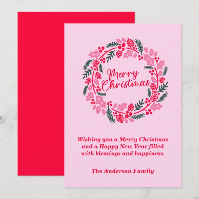 Cartes Pour Fêtes Annuelles Élégante couronne de Noël rose (Devant / Derrière)