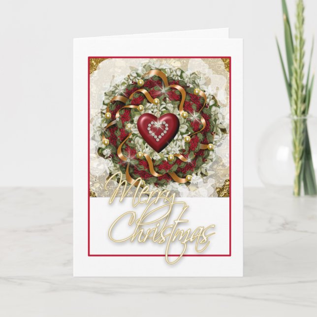 Cartes Pour Fêtes Annuelles Élégante couronne de Noël rouge blanc vert coeur (Devant)