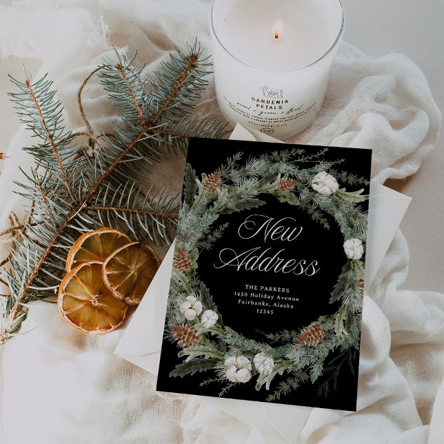 Cartes Pour Fêtes Annuelles Élégante couronne de pin noir | Noël Nouvelle adre (An elegant moving announcement for Christmas with a traditional green pine wreath)