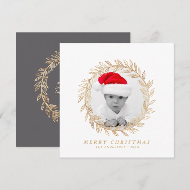 Cartes Pour Fêtes Annuelles Élégante couronne d'or Joyeux Noël Photo personnal (Devant / Derrière)
