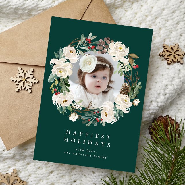 Cartes Pour Fêtes Annuelles Élégante couronne florale d'hiver photo verte (Créateur téléchargé)