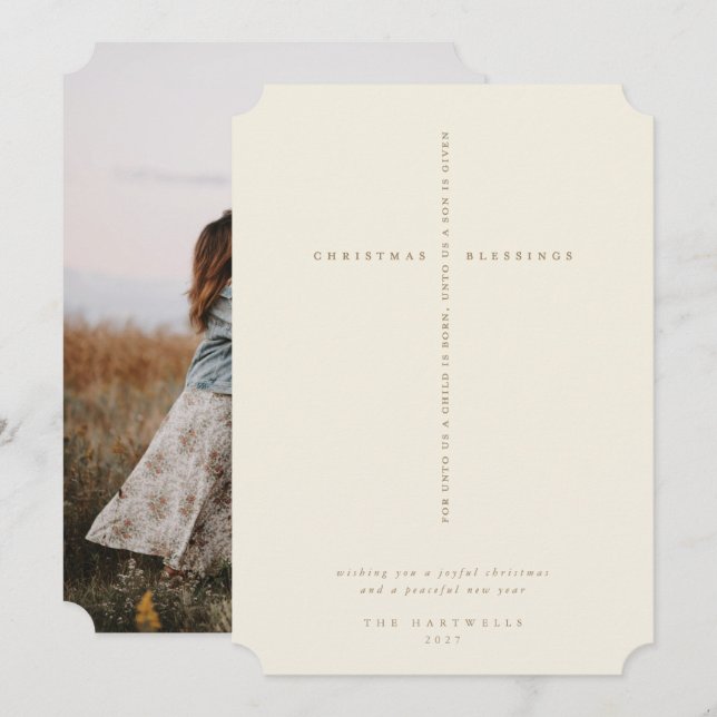 Cartes Pour Fêtes Annuelles Élégante écriture de crème Croix Photo (Devant / Derrière)