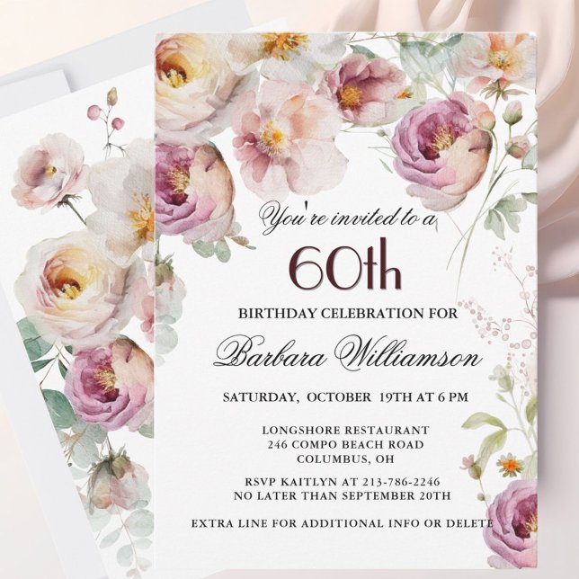 Cartes Pour Fêtes Annuelles Élégante fête du 60e anniversaire de Fleur sauvage (Créateur téléchargé)