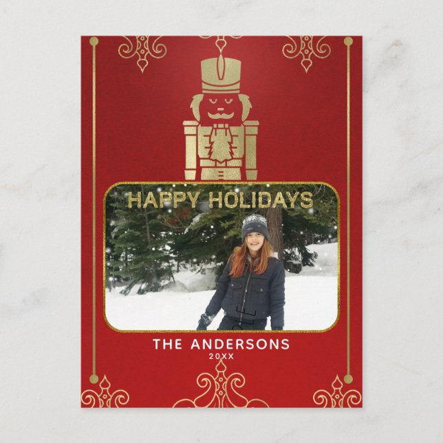 Cartes Pour Fêtes Annuelles Elégante Gold & Red Nutcracker Holiday Photo (Devant)