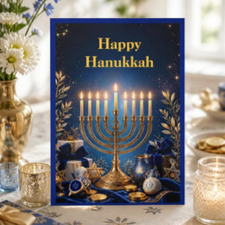 Cartes Pour Fêtes Annuelles Élégante Ménorah Bleue et Or Hanukkah
