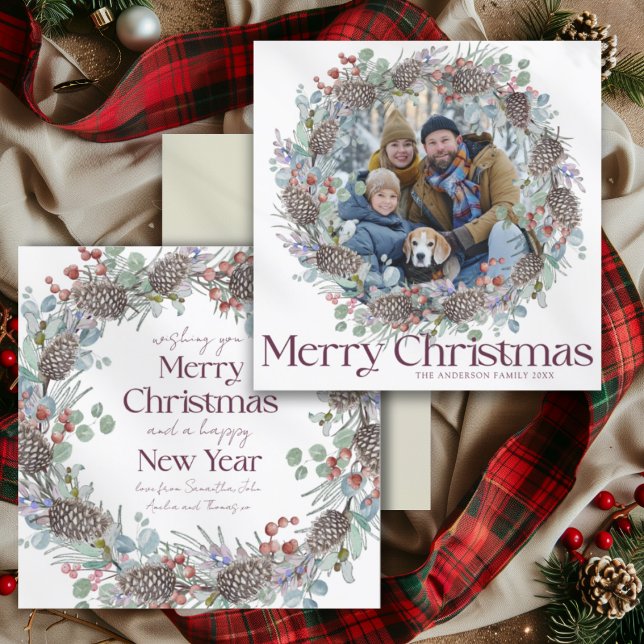 Cartes Pour Fêtes Annuelles Elégante Merry Christmas Botanical Wreath & Photo (Créateur téléchargé)