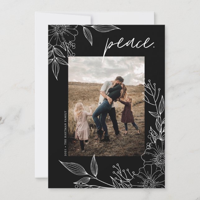Cartes Pour Fêtes Annuelles Elégante Paix Noël Floral Photo Noire (Devant)
