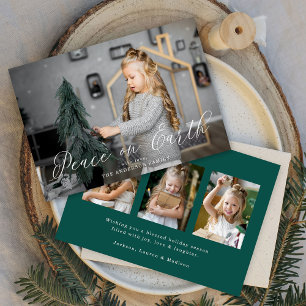 Cartes Pour Fêtes Annuelles Elégante Paix Sur Terre Script Épinette Vert 4 Pho