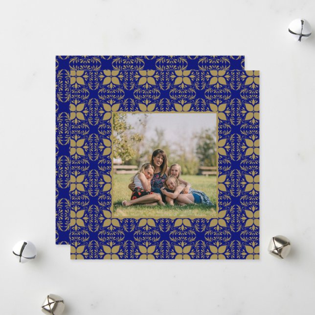 Cartes Pour Fêtes Annuelles Elégante photo bleue et or (Devant/Arrière en situation)
