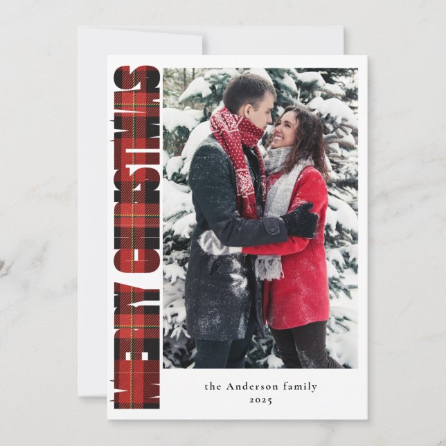 Cartes Pour Fêtes Annuelles Élégante photo de famille Rouge Plaid Joyeux Noël (Devant)