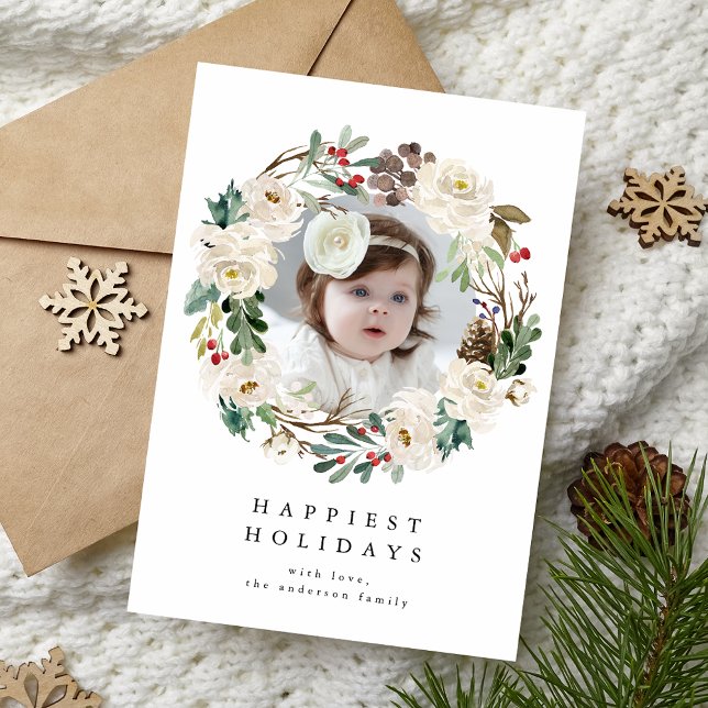 Cartes Pour Fêtes Annuelles Élégante photo de la couronne de fleurs hivernales (Créateur téléchargé)