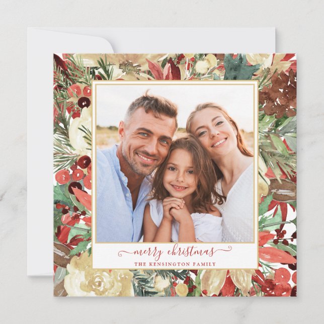 Cartes Pour Fêtes Annuelles Élégante photo de Noël Floral Fête Rouge (Devant)