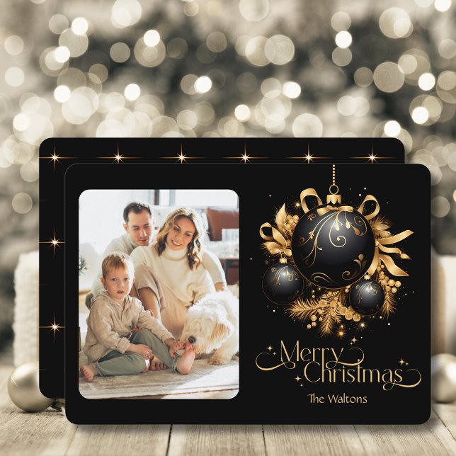Cartes Pour Fêtes Annuelles Élégante photo de Noël noir et or (Créateur téléchargé)