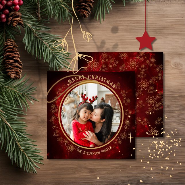 Cartes Pour Fêtes Annuelles Élégante photo de Noël Red Gold Stars (Elegant Christmas Photo Red Gold Stars Holiday Card)