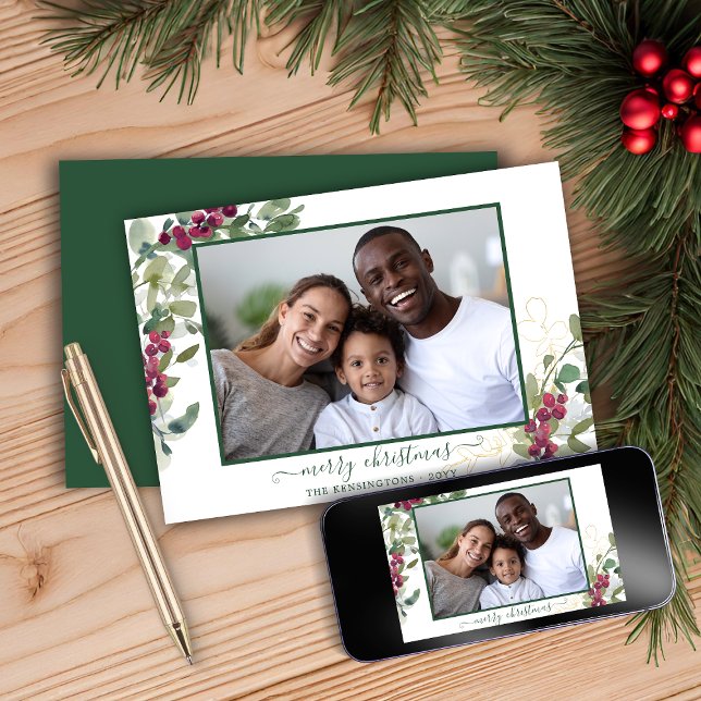 Cartes Pour Fêtes Annuelles Élégante photo de vacances de Noël (Elegant Christmas Greenery Holiday Photo Card)