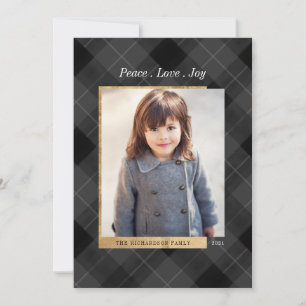Cartes Pour Fêtes Annuelles Elégante photo Festive Gris Plaid & Or One