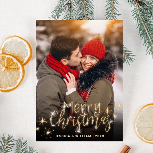Cartes Pour Fêtes Annuelles Élégante photo Joyeux Noël Golden Sparkle (Créateur téléchargé)