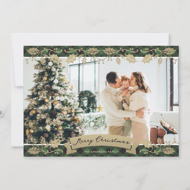 Cartes Pour Fêtes Annuelles Élégante Photo Plaid Vert Joyeux Noël (Devant)