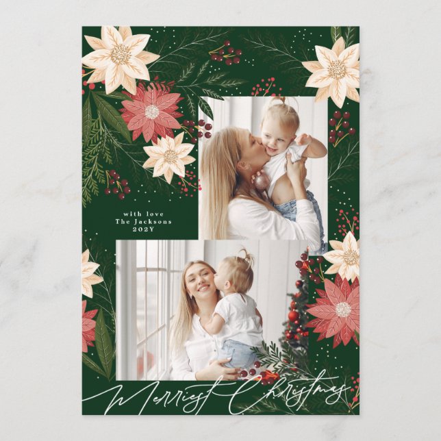 Cartes Pour Fêtes Annuelles Élégante photo verte de Noël Poinsettia (Devant)