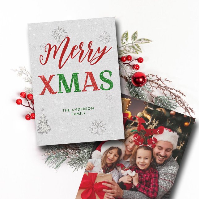 Cartes Pour Fêtes Annuelles Elégante Pierre rouge verte Rhinestone Joyeux Noël (Merry Christmas winter wonderland rhinestones sparkle red green white family photo holiday card chic)