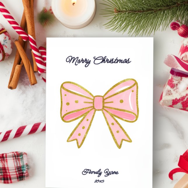 Cartes Pour Fêtes Annuelles Élégante Pink Gold Bow Famille Année 2025 Noël (Créateur téléchargé)