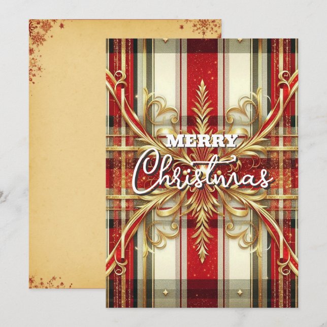 Cartes Pour Fêtes Annuelles Élégante Plaid de Fête Rouge et Or  (Devant / Derrière)