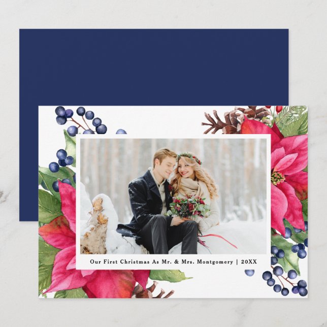 Cartes Pour Fêtes Annuelles Elégante Poinsettia Notre première photo bleue de  (Devant / Derrière)