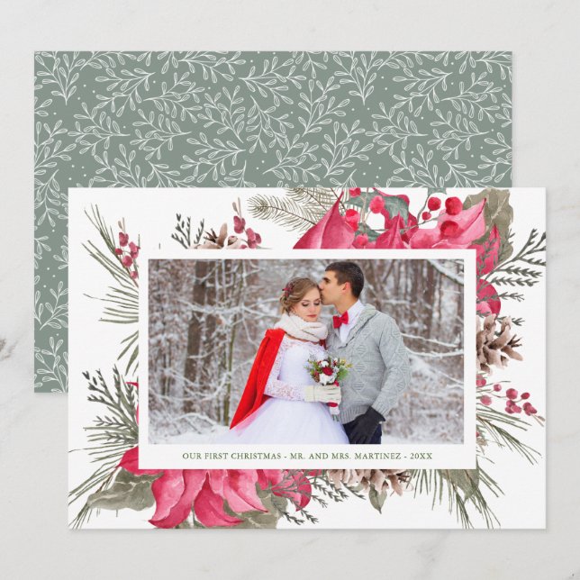 Cartes Pour Fêtes Annuelles Elégante Poinsettia Rouge Photo Notre Premier Noël (Devant / Derrière)