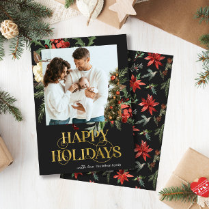 Cartes Pour Fêtes Annuelles Elégante Poinsettie Noir et Or Photo Noël