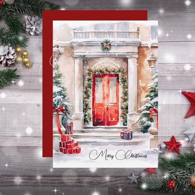 Cartes Pour Fêtes Annuelles Elégante Porte Rouge Garland Joyeux Noël (Créateur téléchargé)