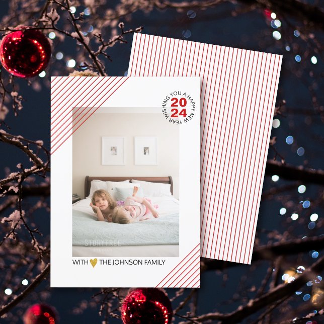 Cartes Pour Fêtes Annuelles Elégante rayures rouges Nouvel An 2024 rouge photo (Créateur téléchargé)