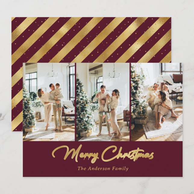 Cartes Pour Fêtes Annuelles Elégante Red Gold Foil Photo Joyeux Noël (Devant / Derrière)