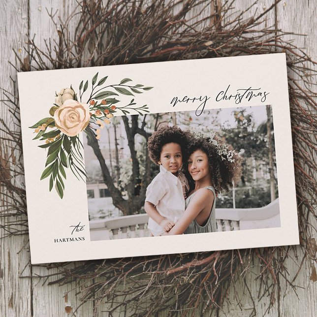 Cartes Pour Fêtes Annuelles Élégante Terracotta Floral Boho Photo Noël (Créateur téléchargé)