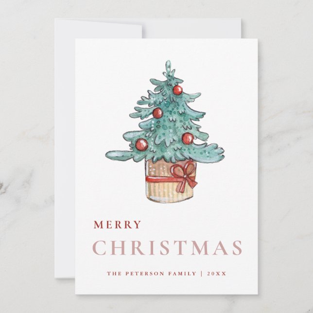 Cartes Pour Fêtes Annuelles Elégante verdure Aquarelle Arbre de Noël (Devant)