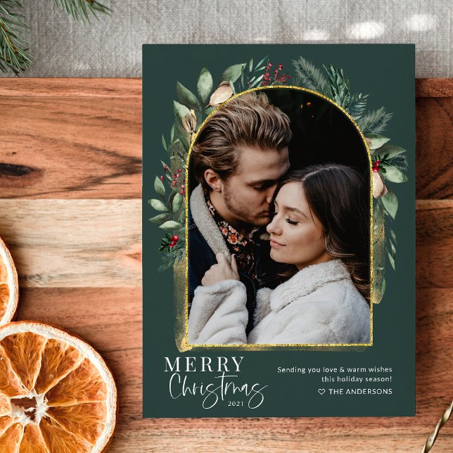 Cartes Pour Fêtes Annuelles Elégante verdure Arche d'or Joyeux Noël Photo (Créateur téléchargé)