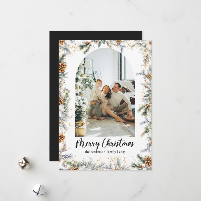 Cartes Pour Fêtes Annuelles Elégante verdure botanique & Arc Noir Noël (Devant/Arrière en situation)