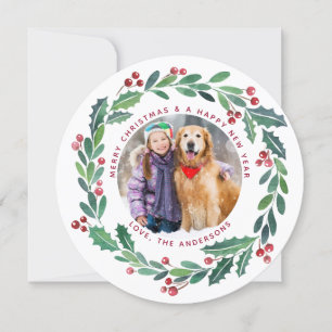 Cartes Pour Fêtes Annuelles Élégante verdure couronne de Noël Photo ronde