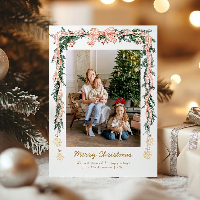Cartes Pour Fêtes Annuelles Élégante verdure de Noël & Coquette Bow 1 Photo (Créateur téléchargé)