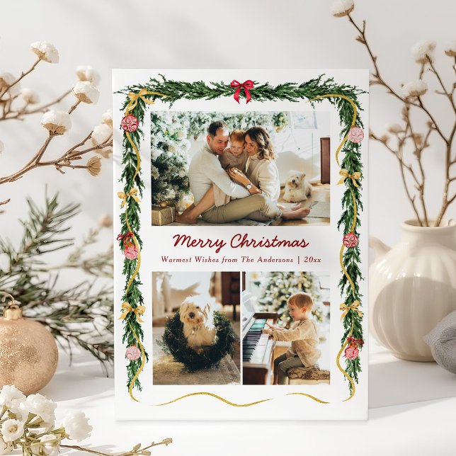 Cartes Pour Fêtes Annuelles Elégante verdure de Noël Garland & Bows 3 Photo (Créateur téléchargé)