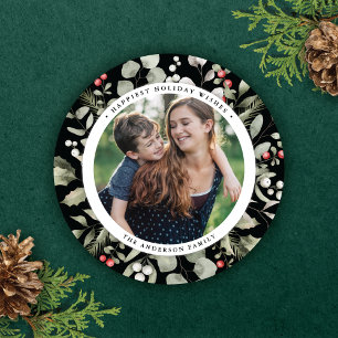 Cartes Pour Fêtes Annuelles Elégante verdure hivernale couronne 1 photo ronde