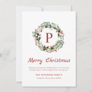 Cartes Pour Fêtes Annuelles Élégante verdure Holly Berry Monogram Wreath