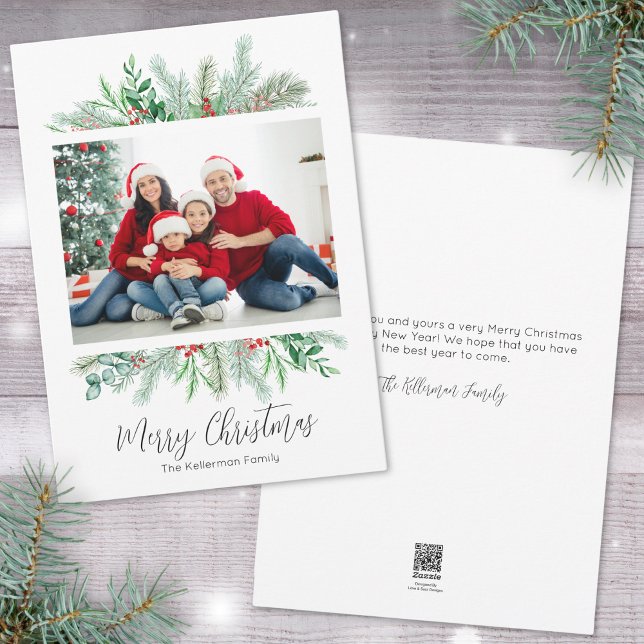 Cartes Pour Fêtes Annuelles Élégante verdure Photo Joyeux Noël (Elegant Greenery Photo Merry Christmas Holiday Card)