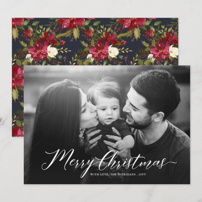 Cartes Pour Fêtes Annuelles Élégantes Poinsettias de Noël Pleine Photo Blanc (Devant / Derrière)