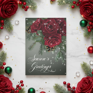 Cartes Pour Fêtes Annuelles Elegantes Roses Rouges Pétillantes et Sapin de Noë