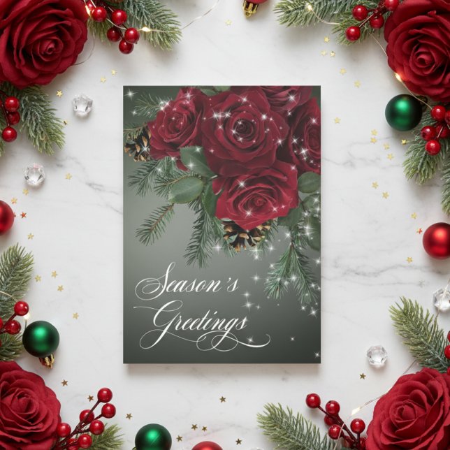 Cartes Pour Fêtes Annuelles Elegantes Roses Rouges Pétillantes et Sapin de Noë (Créateur téléchargé)