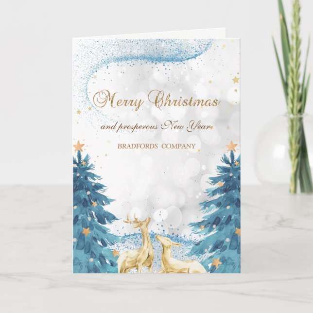 Cartes Pour Fêtes Annuelles Élégants rennes, Bleu Noël Arbres Bokeh (Devant)