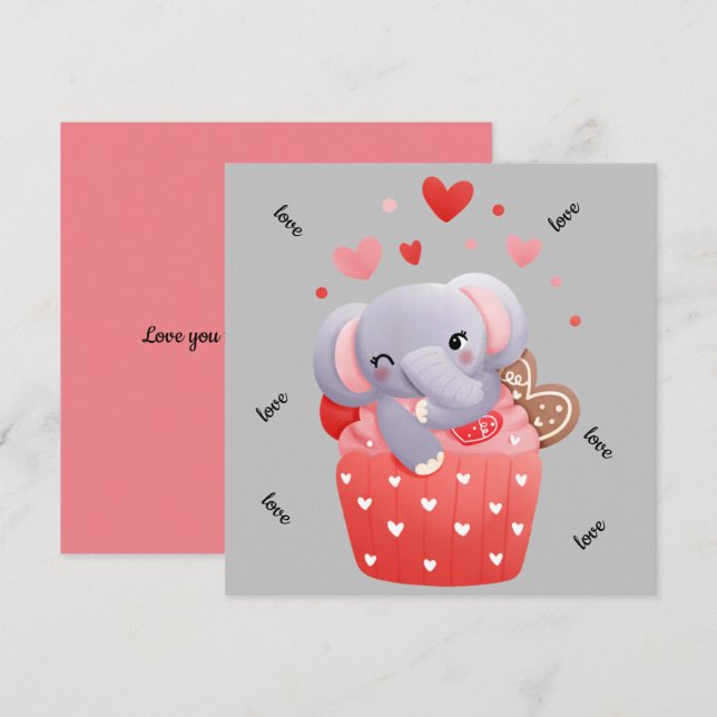 Cartes Pour Fêtes Annuelles Éléphant de la Saint-Valentin mignon  (Devant / Derrière)